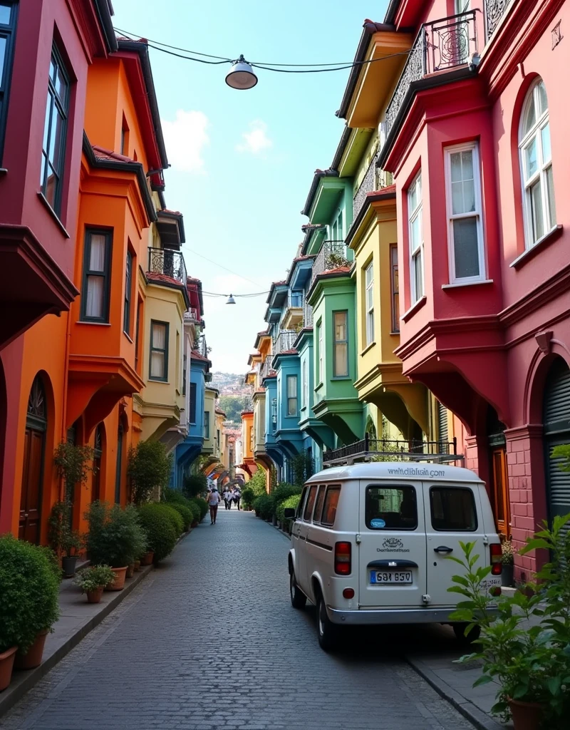 A vibrant street in Istanbul, with colorful old houses featuring pastel shades of red, pink, blue, green, and orange. The street is cobblestone, with a gentle slope, and a small van is parked along the side. The buildings have traditional architectural details with balconies and ironwork. The scene is lively and picturesque, with greenery and plants adding to the charm