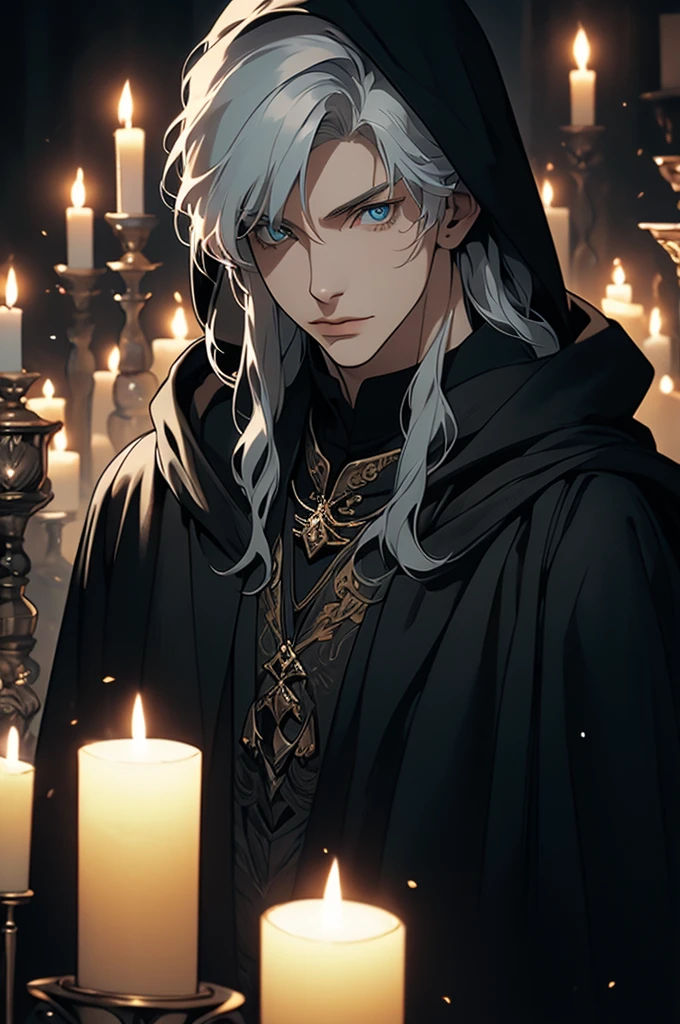 (masterpiece, 32k, 8k) very detailed image, naturally handsome young man, pale skin, shoulder-length silver hair, deep cyan eyes, (beautiful black cloak), image focused on the character's face, character looking fixedly at the viewer, cynical expression, dark background lit by candles