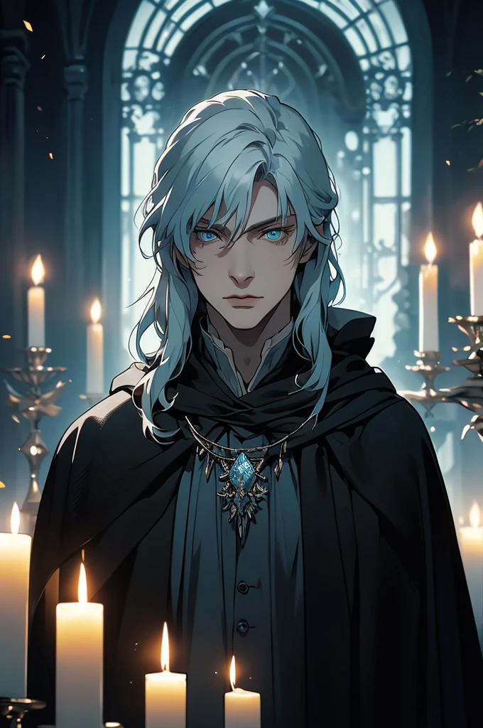 (masterpiece, 32k, 8k) very detailed image, naturally handsome young man, pale skin, shoulder-length silver hair, deep cyan eyes, (beautiful black cloak), image focused on the character's face, character looking fixedly at the viewer, cynical expression, dark background lit by candles