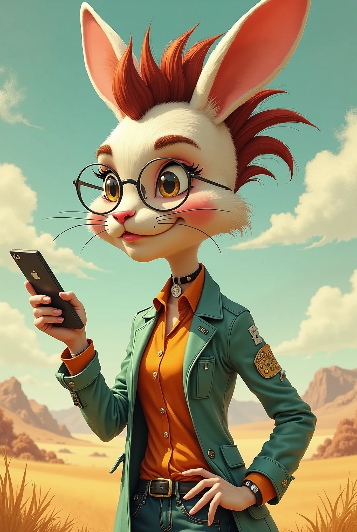 cartoon, human like rabit , old cientist lady, mohawk hair cut, mad max, misfit