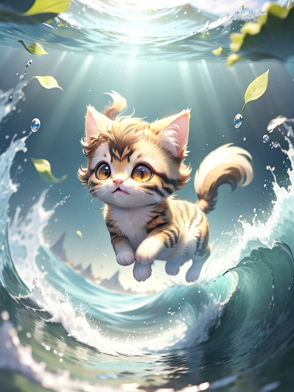 Brown tabby kitten、Running along the edge of the waves