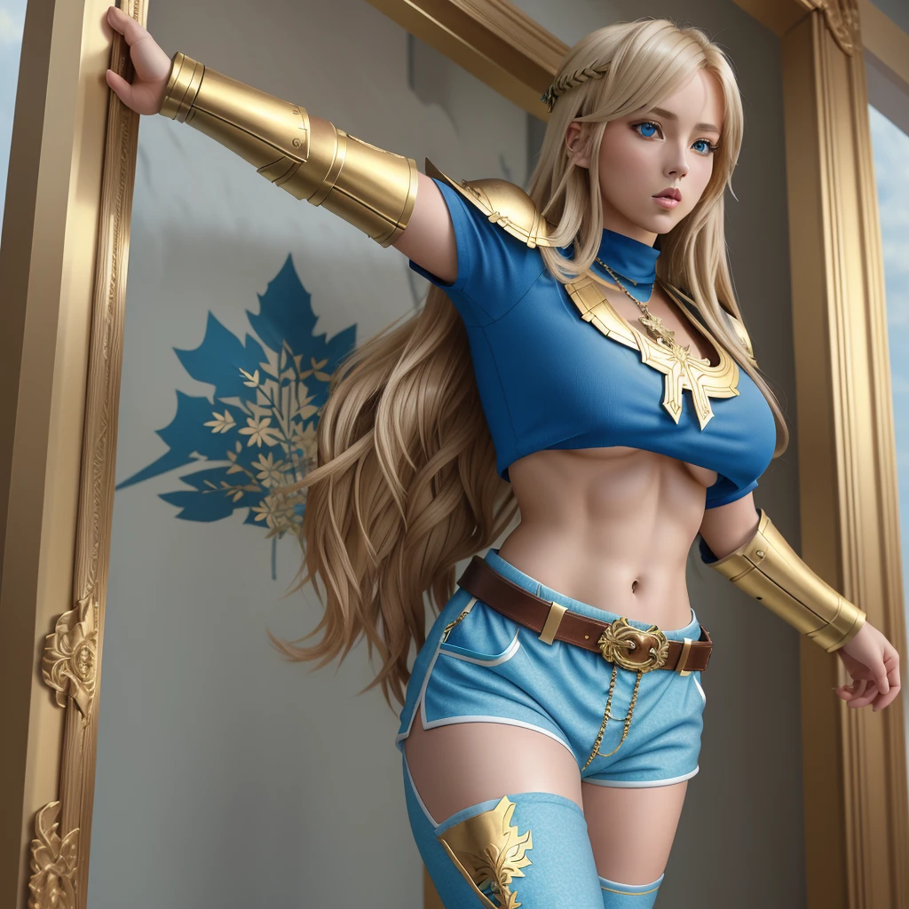 A full-body portrait of a young woman in anime style, with long, light blonde hair, framed by a white mantle adorned with golden details. She has intense blue eyes and wears a form-fitting blue armor with intricate engravings of leaves and flowers, and golden metal pieces covering her shoulders and arms. A dark brown leather belt with metallic buckles secures her armor at the waist. She wears brown leather boots, standing in a dynamic action pose. A cross-shaped pendant adorns her chest. The background features a blue sky with fluffy clouds, highlighting her majestic and noble appearance, visible from head to toe, wear tight pants
