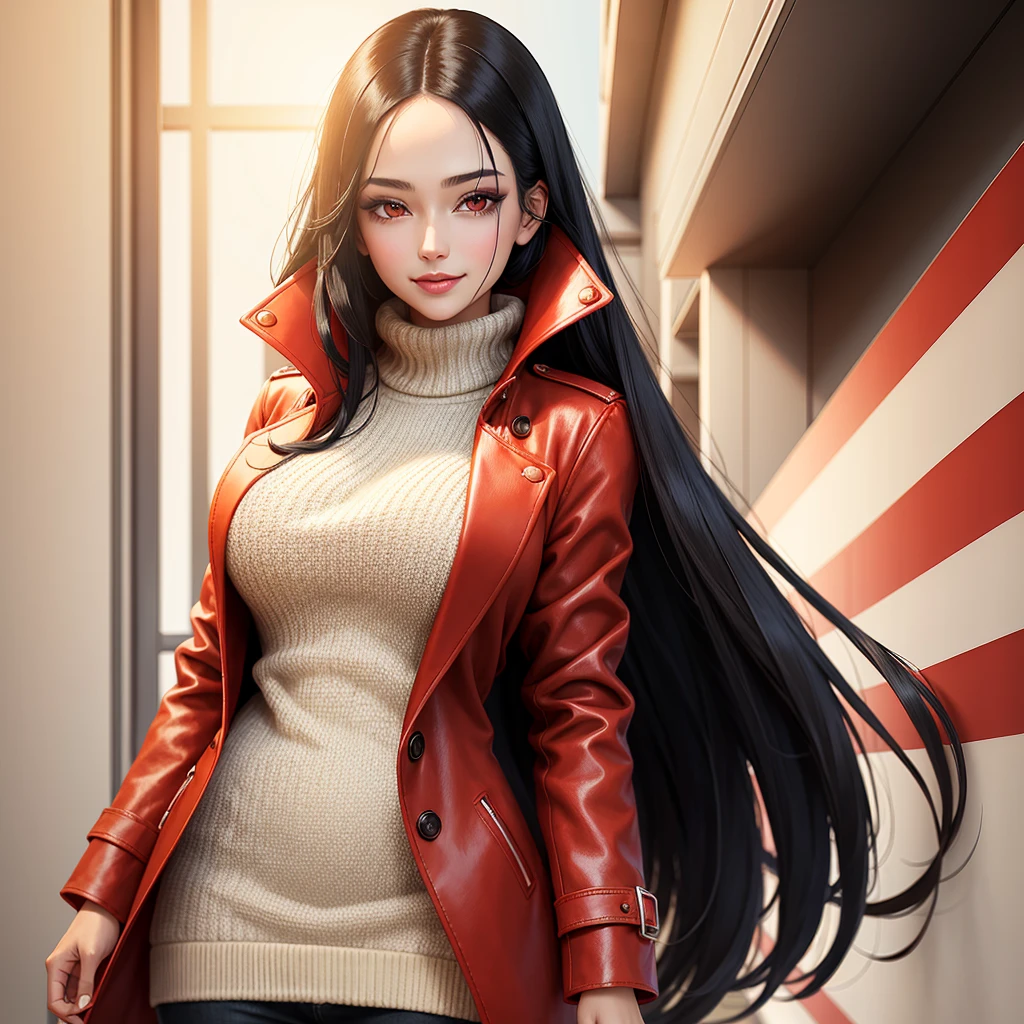 ((best quality)), ((artwork)), (detailed), ung Woman, tall, black hair, pretty, beautiful, red eyes, scary smile, wears a white beige sweater, a red coat,