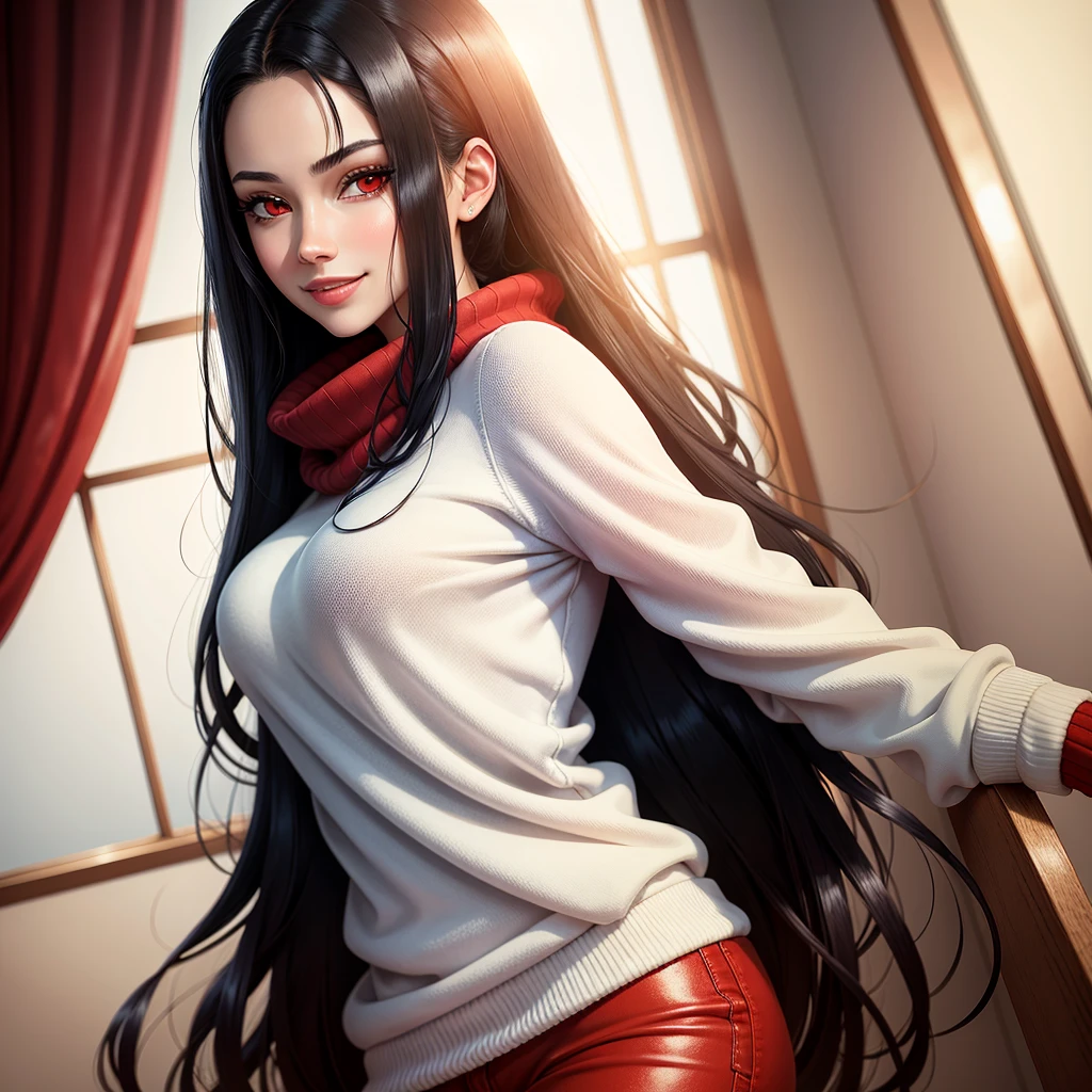 ((best quality)), ((artwork)), (detailed), ung Woman, tall, black hair, pretty, beautiful, red eyes, scary smile, wears a white beige sweater, a red coat,