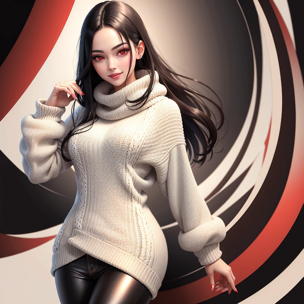 ((best quality)), ((artwork)), (detailed), 1 young Woman, tall, black hair, pretty, beautiful, red eyes, scary smile, wears a white beige sweater, a red coat,