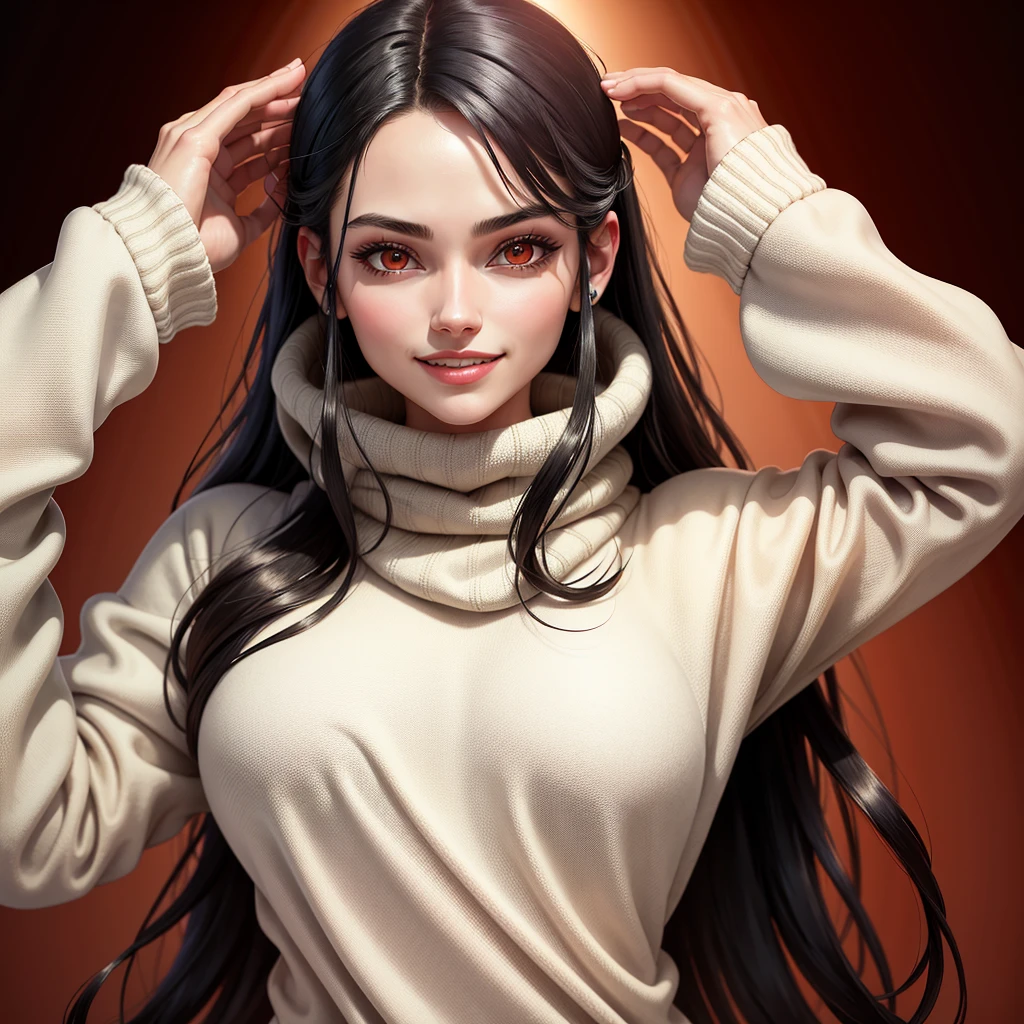 ((best quality)), ((artwork)), (detailed), 1 young Woman, tall, black hair, pretty, beautiful, red eyes, scary smile, wears a white beige sweater, a red coat,
