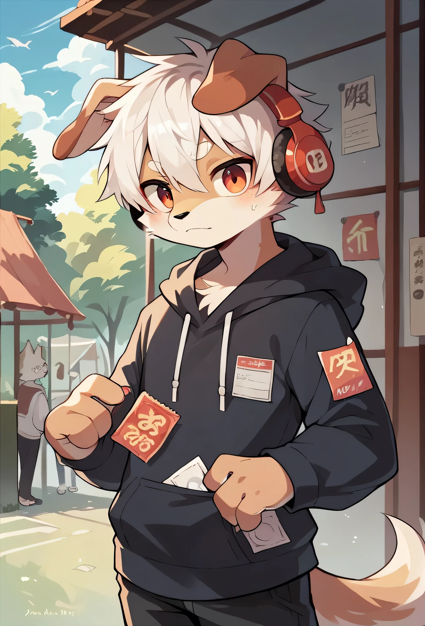(Chihuahua fur,white hair,),(Features of school hoodie clothes)dog,Dropped ears夏,Dropped ears,Dropped ears,Furry,detailed,A lively 15-year-old boy,Characteristics of Japanese Station,Ticket gate,I have headphones on my ears