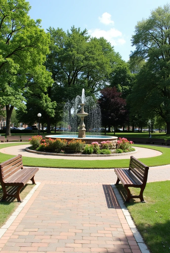 An open space with a beautiful garden, a historic fountain and wooden benches. It is a meeting point for residents, especially during community events.