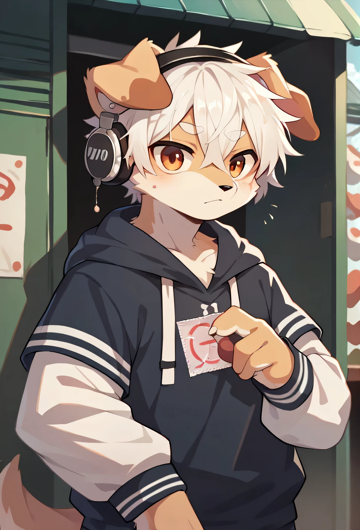 (Chihuahua fur,white hair,),(Features of school hoodie clothes)dog,Dropped ears夏,Dropped ears,Dropped ears,Furry,detailed,A lively 15-year-old boy,Characteristics of Japanese Station,Ticket gate,I have headphones on my ears