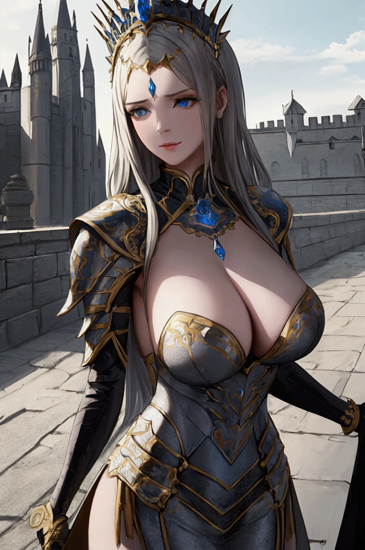 Close up of woman in armor with castle in background