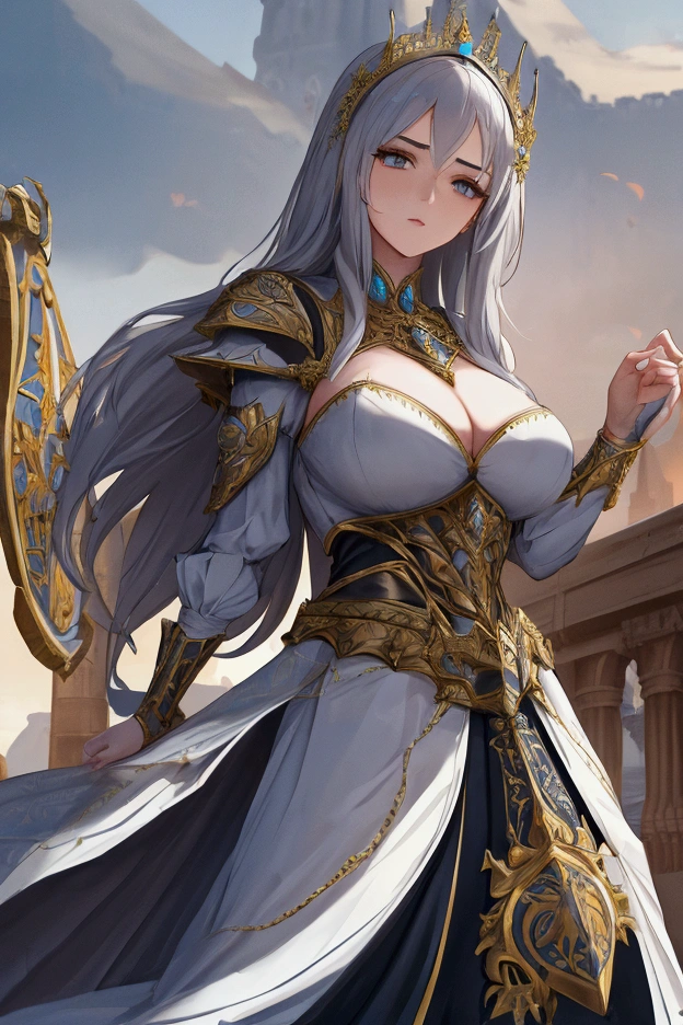 Close up of woman in armor with castle in background