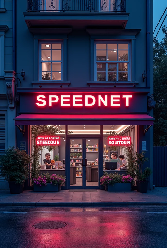a storefront with the name SPEEDNET, super stylized