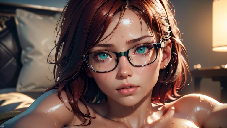 portrait. face close up. pillow. Short, Red hair, green eyes, naked, wet skin, wet skin лица, girl 15 years old, metal frame glasses. ((elegance. gradient. photorealism. unreal engine. 3D model. Ultra high quality textures. high detail. permission 8k))