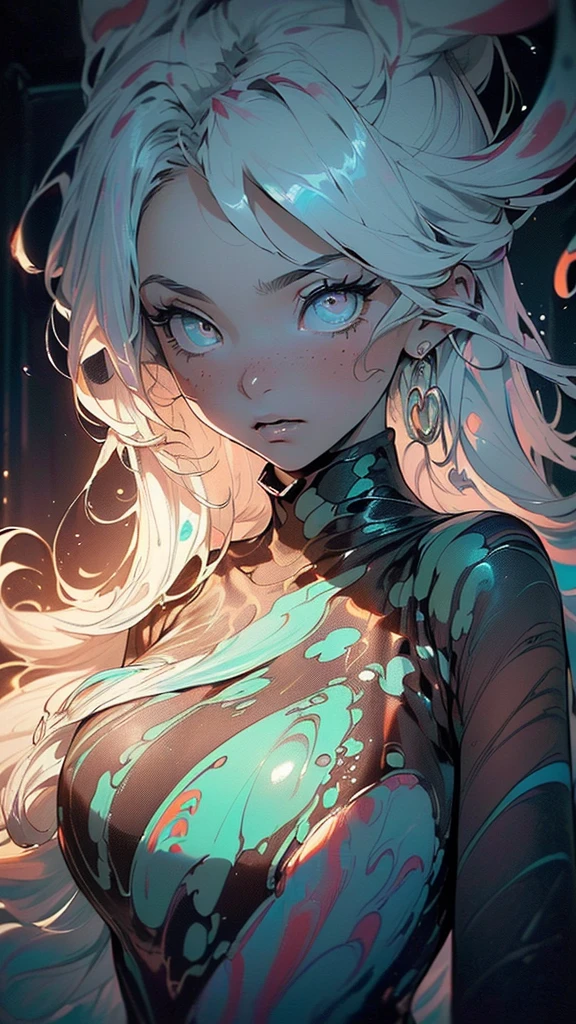 An image that evokes darkness against colors, ((((on the left side of the scene there is total darkness and of that darkness black ink tentacles emerge)))),

((((The left side of the image should be completely dark, as if it were a mysterious abyss, of that darkness, I want black ink tentacles to emerge, creating a sense of intrigue and suspense))).

((((In contrast to the darkness, On the right side I want a young girl to appear with hair full of vibrant colors that flow like liquid paint, This will add an artistic and dynamic touch to the scene., The girl must look carefully at the ink tentacles that extend from the darkness., showing a mixture of curiosity and fear))))

((((Place the girl on the right edge of the image, following the golden ratio, This will add a feeling of balance and harmony.,
Place the girl in the right third of the image and at the point where the horizontal and vertical lines intersect, right over the center of the image, However, make sure to align it with the right edge))),

((((On the right side of the scene there is a girl full of color)))), ((((colorful hair flowing like liquid paint)))), ((((The girl looks from the right side of the scene at the ink tentacles coming from the darkness on the right side of the left scene.)))), ((((The scene takes place in a room, where total darkness prevails on the left side of the image)))), ((((On the left side, black ink tentacles and extend towards the girl on the right side)))), (((The girl shows a mix of fear and curiosity in her expression as she watches the approaching tentacles.))), The dim lighting highlights her features and the fall of her picturesque hair., creating a suggestive contrast between ((((Light on the right side and total darkness on the left)))), ((((The color palette should emphasize the darkness on the left side, while highlighting the tones