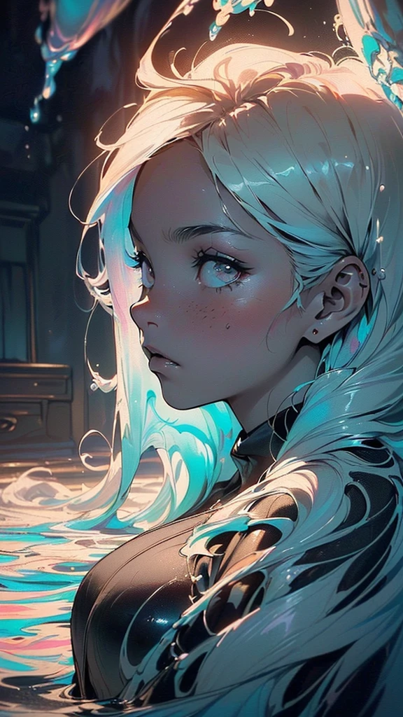 An image that evokes darkness against colors, ((((on the left side of the scene there is total darkness and of that darkness black ink tentacles emerge)))),

((((The left side of the image should be completely dark, as if it were a mysterious abyss, of that darkness, I want black ink tentacles to emerge, creating a sense of intrigue and suspense))).

((((In contrast to the darkness, On the right side I want a young girl to appear with hair full of vibrant colors that flow like liquid paint, This will add an artistic and dynamic touch to the scene., The girl must look carefully at the ink tentacles that extend from the darkness., showing a mixture of curiosity and fear))))

((((Place the girl on the right edge of the image, following the golden ratio, This will add a feeling of balance and harmony.,
Place the girl in the right third of the image and at the point where the horizontal and vertical lines intersect, right over the center of the image, However, make sure to align it with the right edge))),

((((On the right side of the scene there is a girl full of color)))), ((((colorful hair flowing like liquid paint)))), ((((The girl looks from the right side of the scene at the ink tentacles coming from the darkness on the right side of the left scene.)))), ((((The scene takes place in a room, where total darkness prevails on the left side of the image)))), ((((On the left side, black ink tentacles and extend towards the girl on the right side)))), (((The girl shows a mix of fear and curiosity in her expression as she watches the approaching tentacles.))), The dim lighting highlights her features and the fall of her picturesque hair., creating a suggestive contrast between ((((Light on the right side and total darkness on the left)))), ((((The color palette should emphasize the darkness on the left side, while highlighting the tones