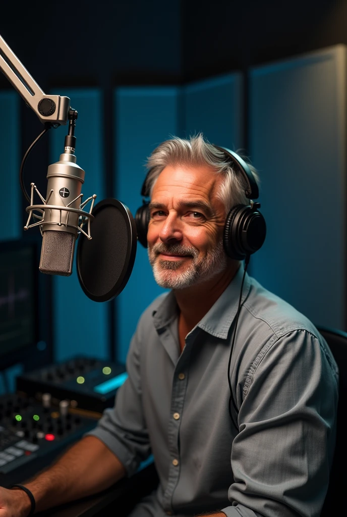 A men voice over artist recording on mic with headphones on for coverr photo

