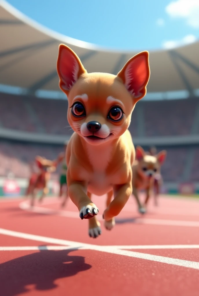 Un chihuahua couleur marron qui fait des épreuves de course Aux Jeux Olympiques Paris 2024 contre d'autres participants