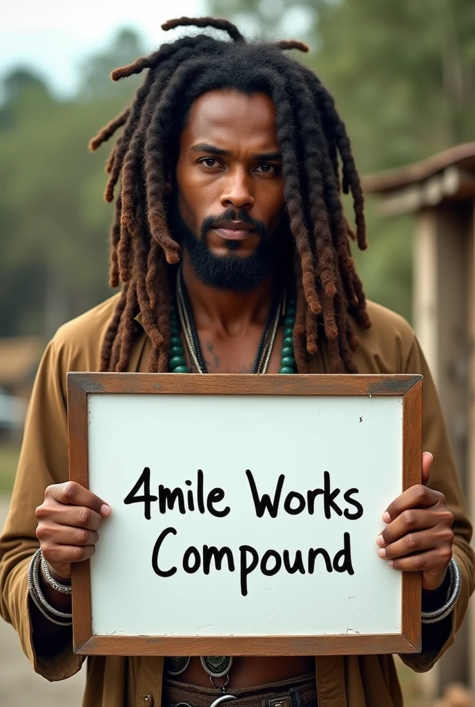 Handsome boy with heavy long dreadlocks, bohemian clothes, holding a white board with text "4mile Works Compound" and showing it to the viewer