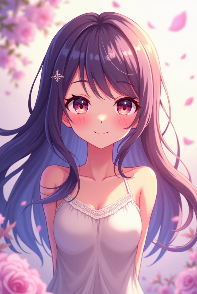 Anime girl with long sideways hair smiling