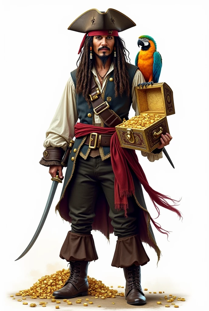 CREATE FOR ME an image of the character Jack Sparrow according to the characteristics of the film and the same feature on the face use the face of the actor Johnny Depp to be the pirate make him hold the chest of Aztec gold, MAKE THE CHEST OPEN, SHOWING THE COINS AND JEWELRY INSIDE make the image with a white background Also add the parrot on Jack Sparrow&#39;s shoulder. Image Description:
charachter: Jack Sparrow

Roupa: Jack Sparrow is wearing his traditional pirate costume, including a white ruffled shirt, a brown vest, dark pants and boots. He is also wearing a tricorn hat, a red bandana, and has his iconic pirate belt with various tools and a sword.
stance: He is standing, with a triumphant expression and a slight smile on his face, holding Aztec gold chest with one hand.
parrot: No ombro direito de Jack Sparrow, is the parrot, with colorful feathers and a curious expression. The parrot is one of the details that adds a classic touch to the character..
Aztec Gold Chest:

Appearance: The chest is decorated with intricate gold details and Aztec symbols. It is partially open.
Content: Inside the chest, a dazzling shine of gold coins is visible, collars, rings and other precious items. Some of the jewels are partially visible outside the chest., scattered a little around to highlight the richness that is within.
fund:

Farbe: pure white, to highlight the character and chest without distractions.
Additional Detail:
Lighting: Lighting can be soft, to accentuate the shine of the coins and jewels in the chest.
eyeshadows: Slight shadows can be added to give a sense of depth and realism to the image.
You have to use real life actor Johnny Depp&#39;s face to compose this image, do it in the form of a drawing, use Jack Sparrow&#39;s face like the one in the movie without changing anything, make the face a little more rounded