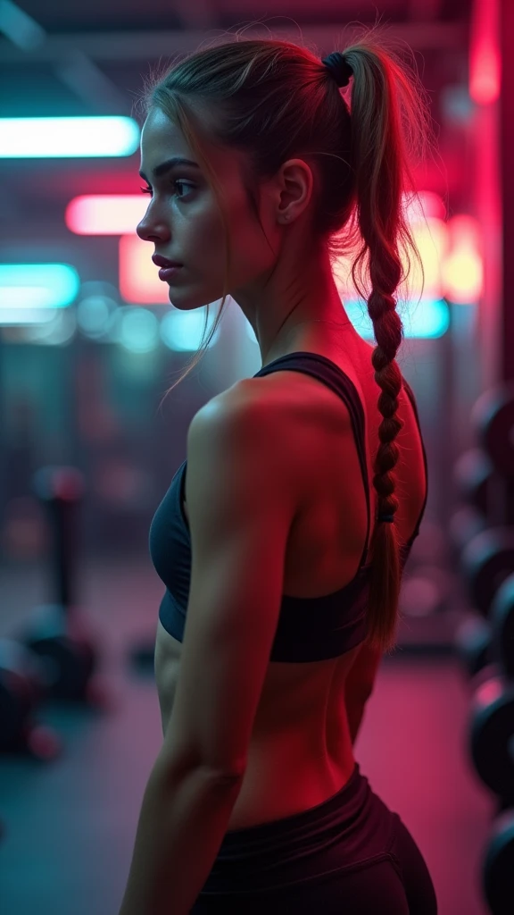 Most beautifull brazilian girl,tied hair, 20yo, perfect skin, full body shot,full body shot, in the gym, standing in front of free weights, neon lights in the background,