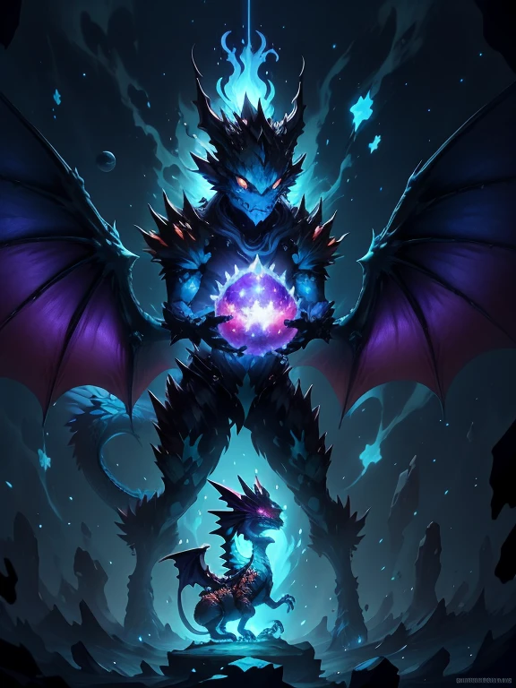  dragon with evil maw ,nebula-like formations, glowing celestial bodies, and radiant energy waves that intertwine, illuminating the dark space with vibrant dim hues of blue and purple. amazing and outstanding quality:1.4
