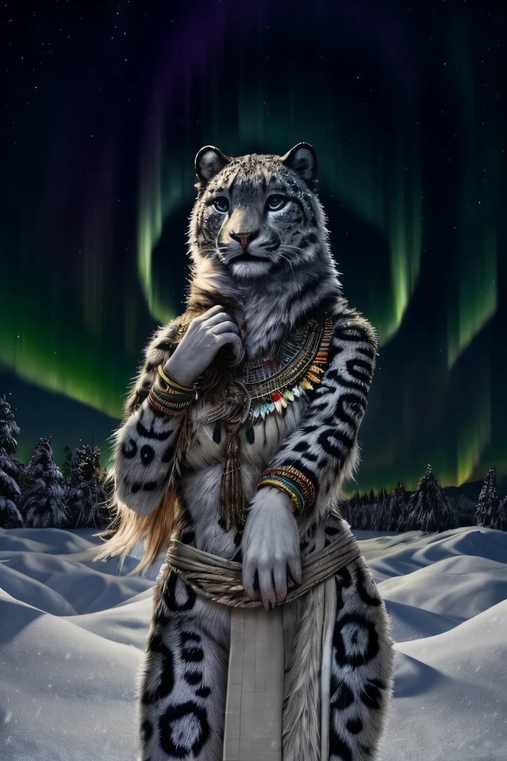 Snow Leopard, Humanity, furry, woman, woman, fur, detailed fur masterpiece, Highest quality, Digital Art, (Realistic:0.3), comics, Fine Lines, High resolution, Visually stunning (Detailed lighting, Depth of written boundary:0.9), Detailed Color, Vibrant colors, perfect hands, Fine hand (beautiful, cute, fluffy:1.2), Detailed body,One girl,Standing on the snow,whole body,smile,nature, Tribal accessories, Tribal costume, Colorful aurora borealis,Night