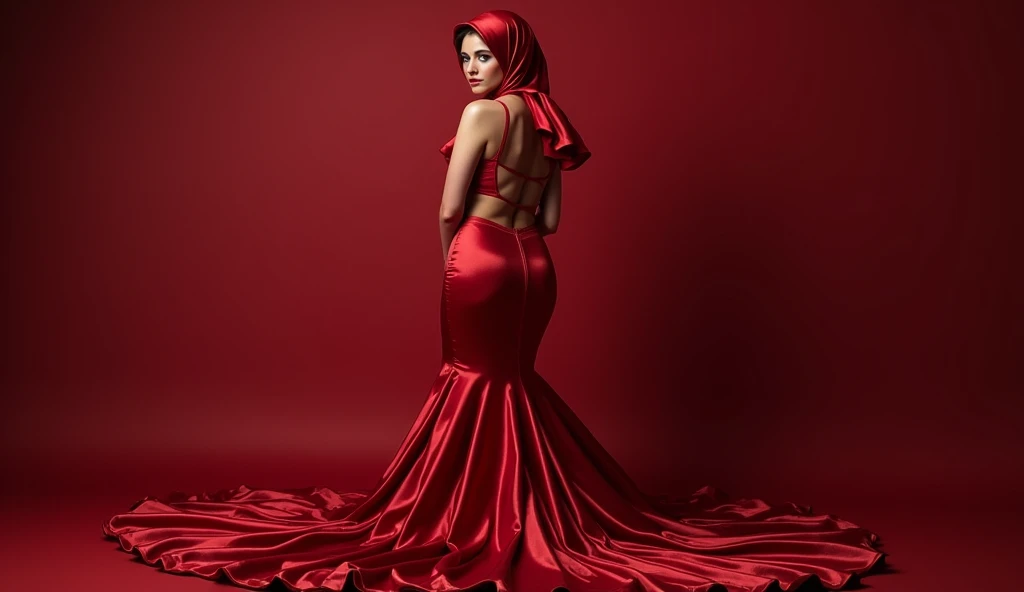 Captivating, elegant woman is engendered in a cascade of four-meter-long, ruby-red, plush satin fabric. The material clings tightly to her figure, spreading out into a pooled train at her feet, mimicking a mermaid's tail. A satin hijab cloaks her head, in bed room, revealing only a hint of her upper body. This full-body portrait radiates a mythical sophistication. Wrapped, eth