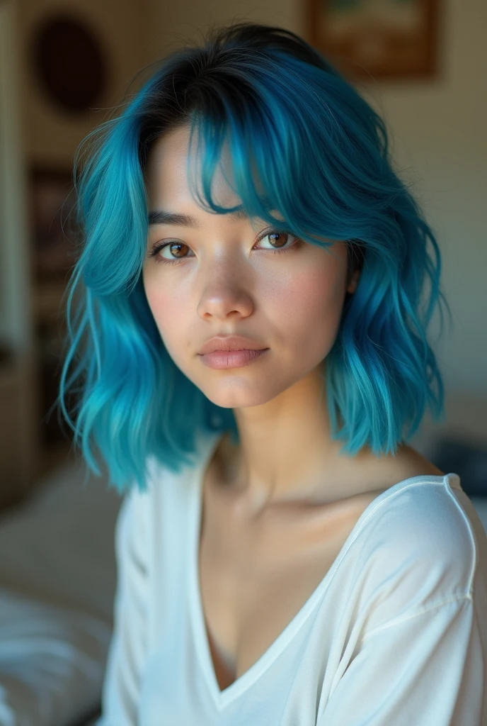 Latina blue hair white clothes at home photo image
