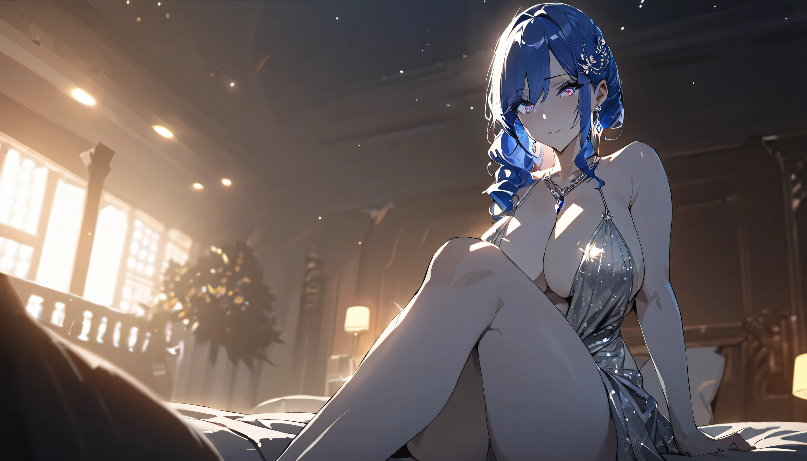 ((masterpiece, best quality)),, st. louis (luxurious wheels) (azur lane), highres, highest quallity, illustration, cinematic light, ultra detailed, ((detailed face)), (detailed eyes), best quality, hyper detailed, masterpiece, (detailed face), large breasts, hair ornament, earrings, necklace, portrait, silver dress, revealing clothes,highest details, beautiful eyes, (hotel:1.2), sitting in bed, sitting, bed, show legs, long beautiful legs, (full body shot), window, night sky, backlighting, light rays, (high contrast), (colorful), anatomically correct