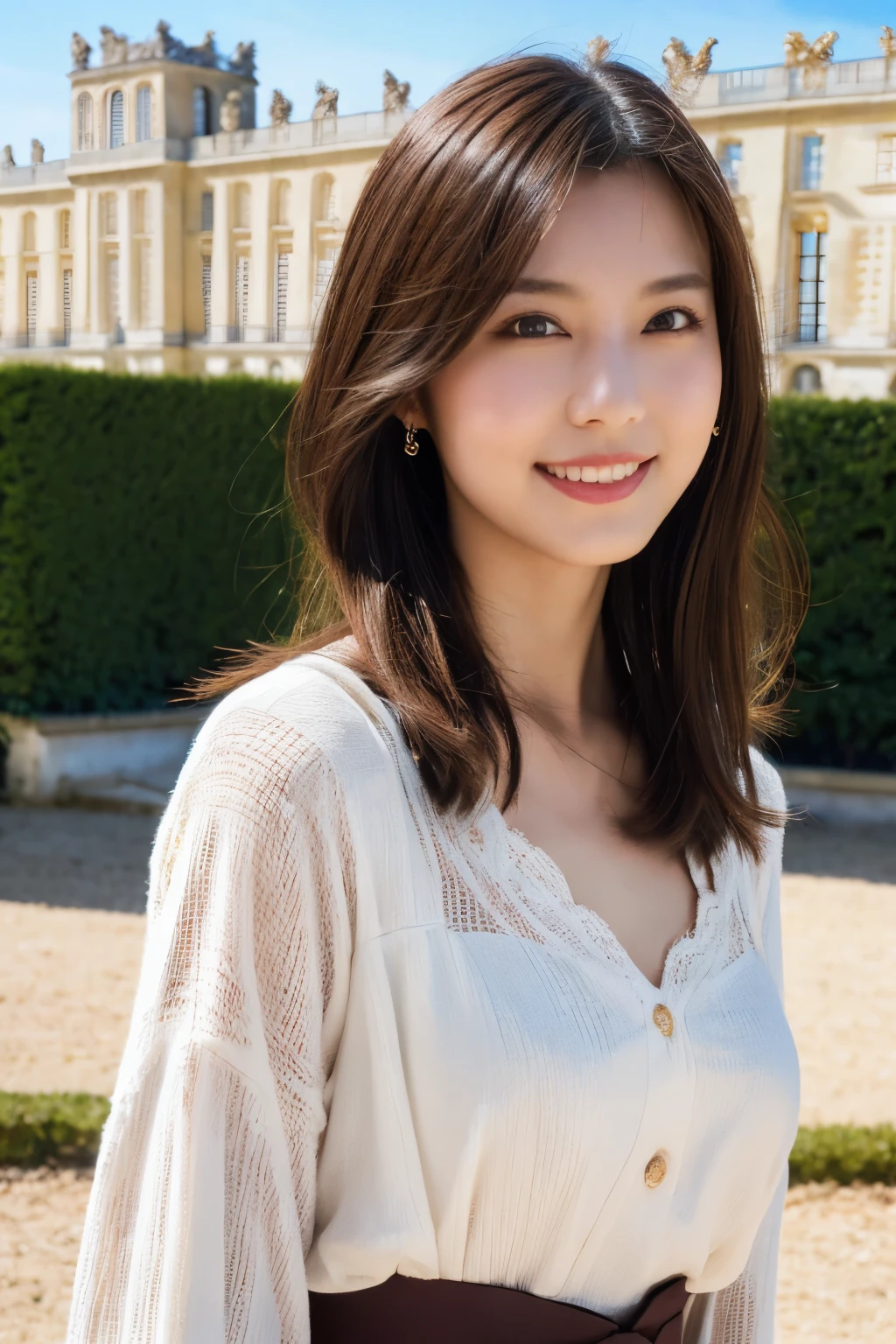 One Girl, (wear casual summer clothes:1.2), (Beautiful Japanese idol portrait photos), 
(RAW Photos, Highest quality), (Realistic, Realistic:1.4), masterpiece, 8K Portrait, 
Very delicate and beautiful, Very detailed, 2k wallpaper, wonderful, In detail, Very detailed CG unity 8k wallpaper, Very detailedな, High resolution, Soft Light, 
Beautiful detailed girl, Very detailed eyes and face, Beautiful and sophisticated nose, Beautiful details, 
(Commemorative photo with the Palace of Versailles in the background:1.3), Cinema Lighting, 
Perfect Anatomy, Slender body, Small breasts, Medium Hair, Dynamic Angle, A light smile,