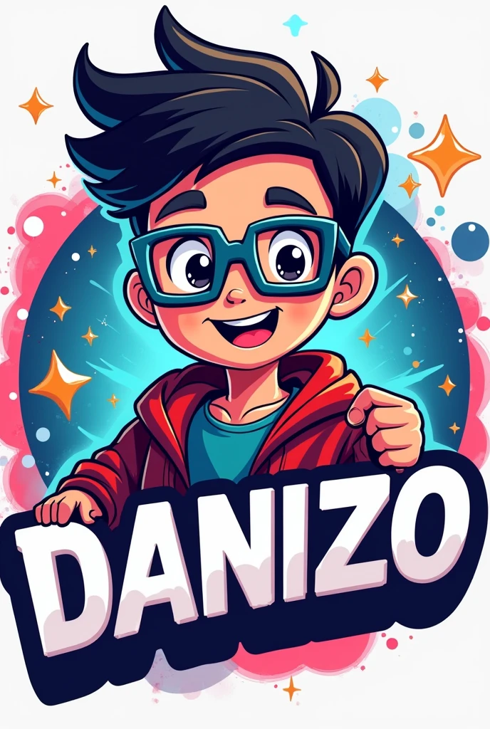 Make a logo mascot of a gamer boy with square glasses and that has the letters “THDANIIZO”