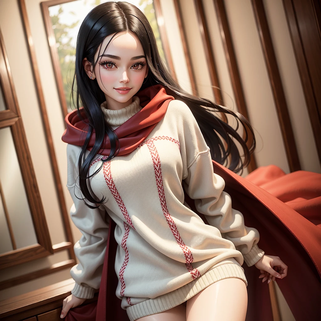 ((best quality)), ((artwork)), (detailed), 1 young Woman, tall, black hair, pretty, beautiful, red eyes, scary smile, wears a white beige sweater, a red coat,