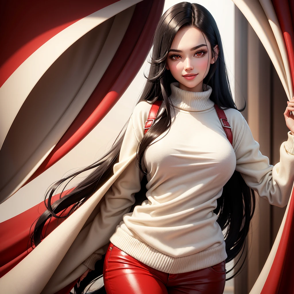 ((best quality)), ((artwork)), (detailed), 1 young Woman, tall, black hair, pretty, beautiful, red eyes, scary smile, wears a white beige sweater, a red coat,