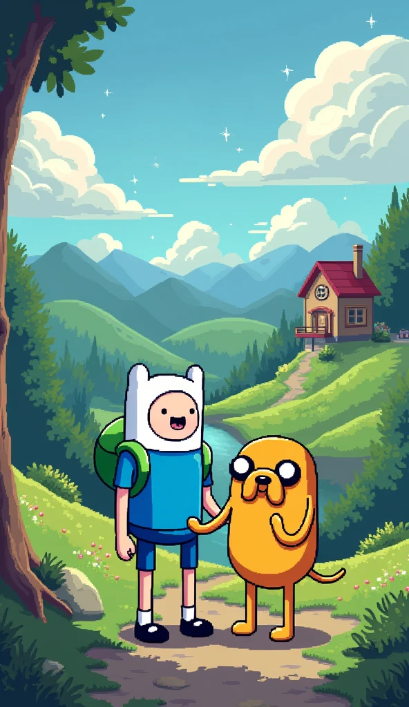 Finn and Jake from Adventure Time in pixel art