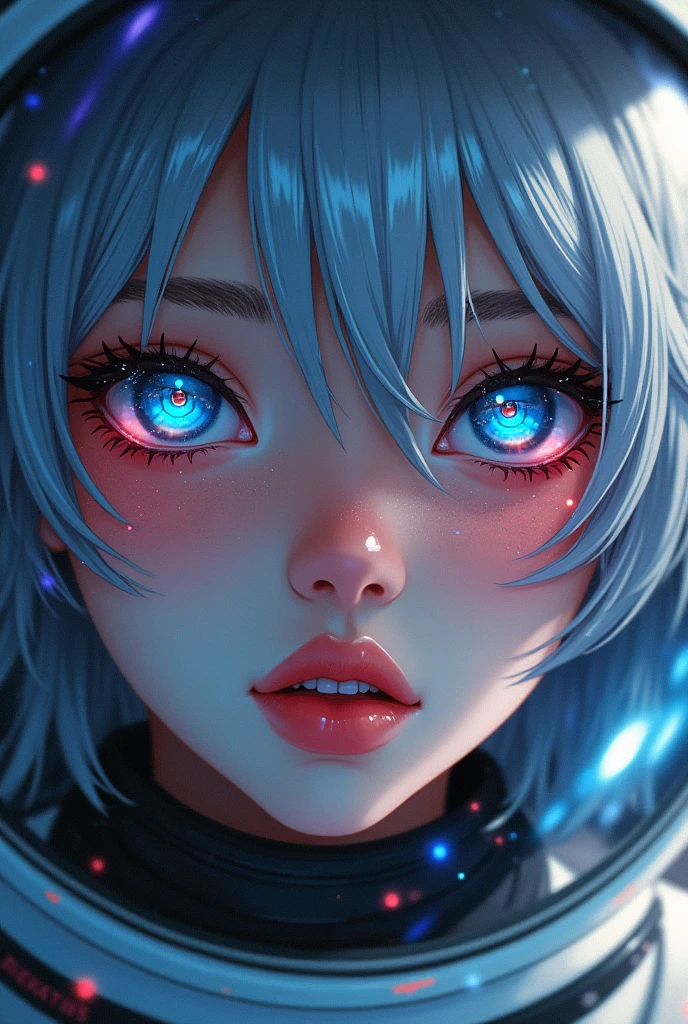 (Close-up of a better masterpiece:1.5)0.9], (Space and astronauts:1.2) (Messy silver hair:1.1) (Heterochromia xanthochromia and blue eyes:1.2) (Space Helmet:1.0) (Colored stars in the eyes:1.0) (A radiant glow:1.1) (thick lips:0.9)