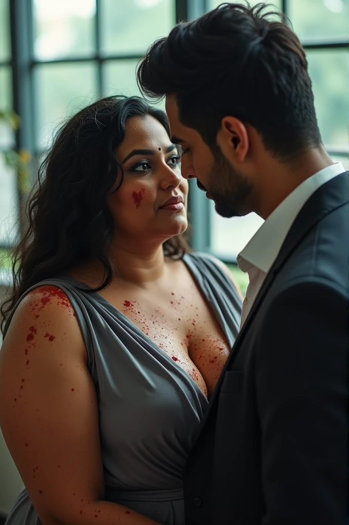 Day scene, full body photo of a plus sized 45 year old indian with a man from top view, (Masterpiece, Best Quality, High Resolution), office Background, (cum Splash on her breasts and face, cum Splash on her face, Splash of cum, cum Splash on her blouse, cum Splash on her eys), Sweet 25 year old South indian women sitting on a office chair with a man, hour glass body red lips, gray colour silky gown, lightly makeup,ultra realistic, realistic, look at viewer (cinematic:1.3), intricate details,