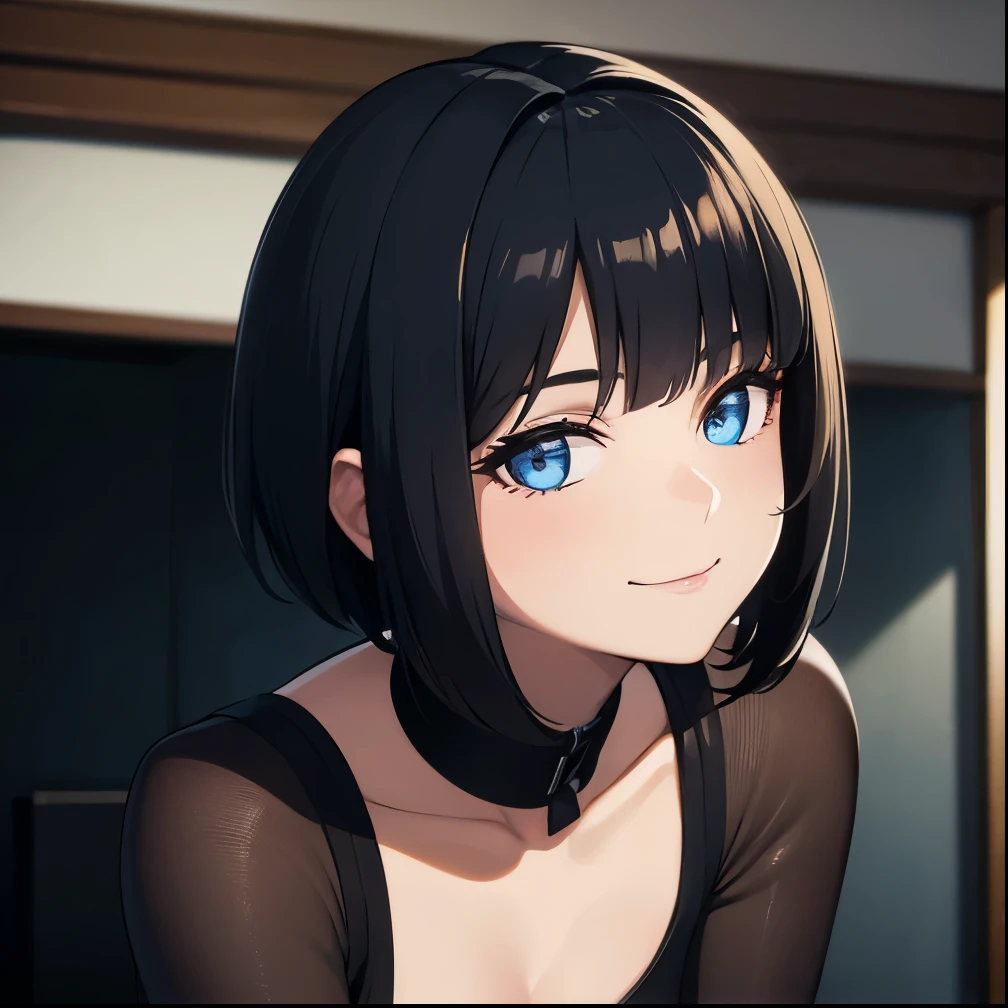 [(Beautiful young girl) (short black hair) (blue eyes) (flat chest )]  ([high Definition] [correct anatomy]): [during morning time] (in a house) (smiling) (close face)