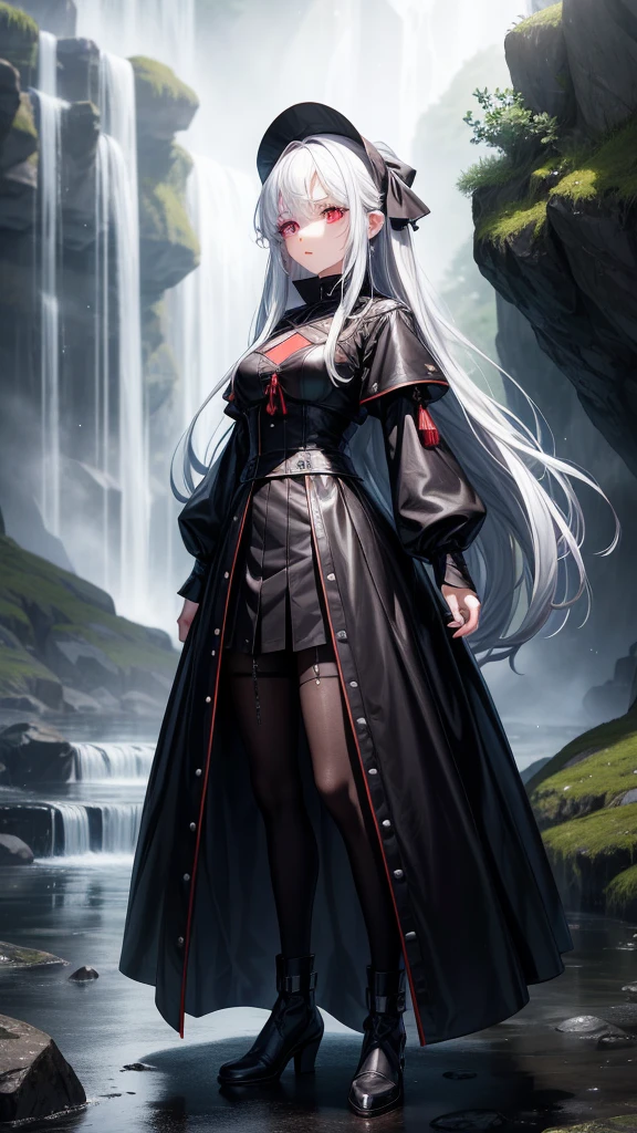 アニメ, 15 year old girl, {face perfect}, {long white hair}, {[dark red eyes]}, {asymmetrical eyes}, {perfect nose}, {visible lips}, {full body 5.0}, {black medieval leather dress}, {facing the front, looking at camera}, {in a waterfall}

{8k image}, {128k ultra resolution}, {ultra quality 128k}, {128k high quality sharpness}
