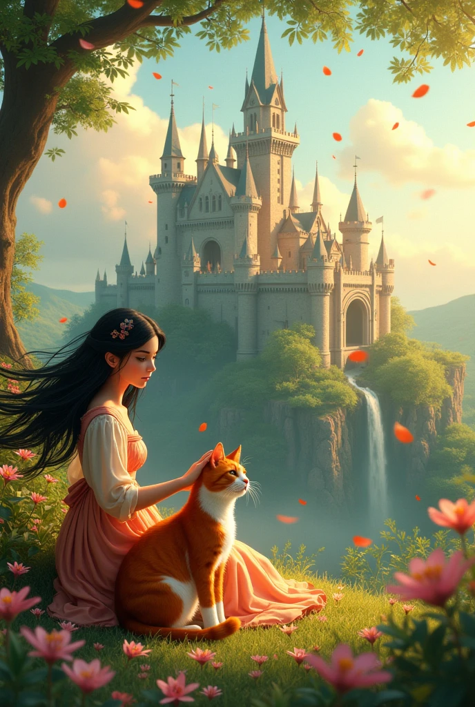The Land of Lilies where there is a beautiful big castle where Princess Lily lives with black hair and black eyes next to a red cat with a white belly. Princess Lily strokes him