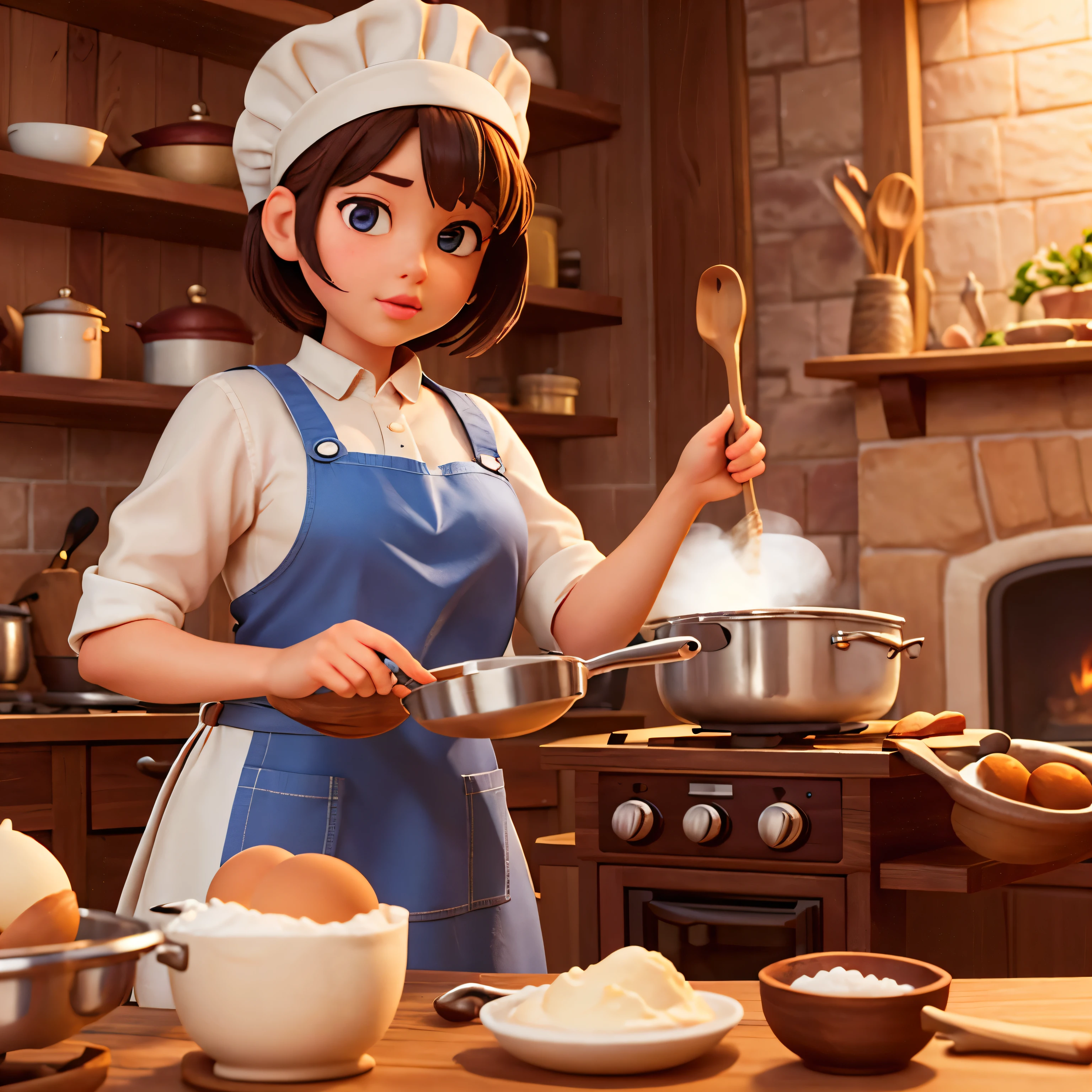 a girl chef cooking,illustration,sharp focus,best qualityer,ultra detali,realisitic,bright coloured,studio lighting,beautiful detailed eyes,beautiful detailed lips,kitchen tools,apron,wooden spoon,eggs,farinha,salt,spices,Pots and pans,fireplace,smoke,delicious aroma,professional kitchen,boiling soup