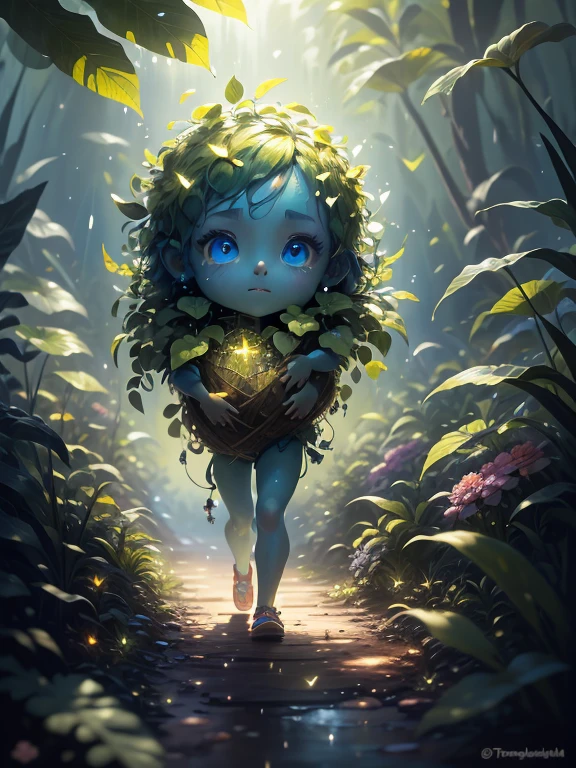 A detailed, natural soft light, Dark lighting, 动态照明, catss, menacing, View from inside the bush, red luminous eyes, M0NST3rfy3, Blue lighting, red color eyes,A girl with ears,With a pet,Green leaves,