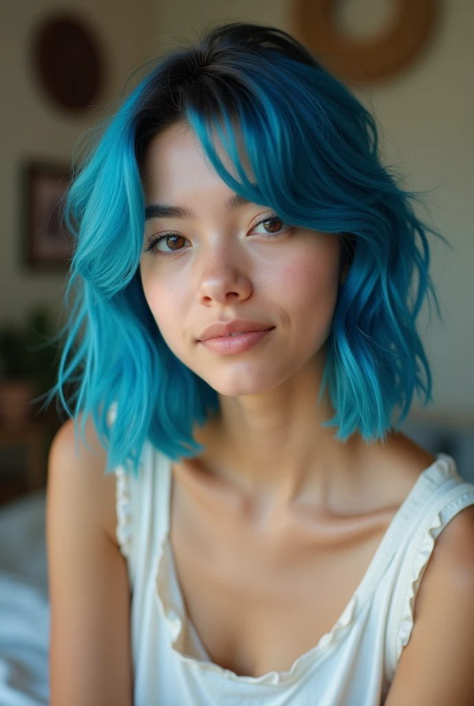 Latina 15 years old blue hair white clothes without neckline at home photographic image