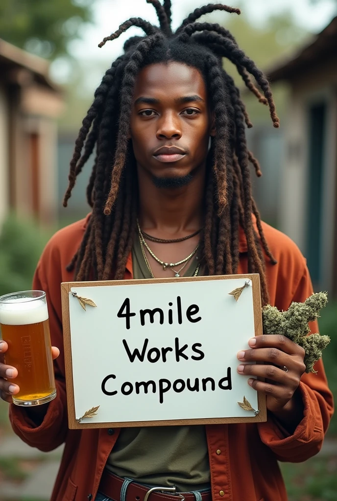 Handsome boy with heavy long dreadlocks, bohemian clothes, holding a white board with text "4mile Works Compound" and showing it to the viewer with weed and beer on the other hand