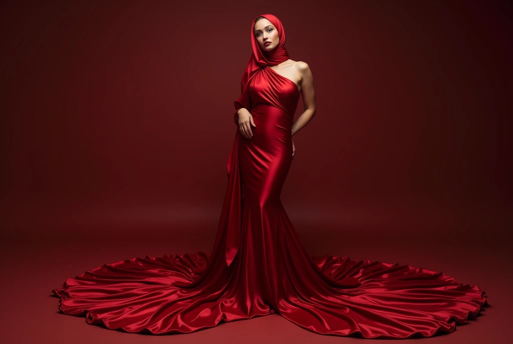 Captivating, elegant woman is engendered in a cascade of four-meter-long, ruby-red, plush satin fabric. The material clings tightly to her figure, spreading out into a pooled train at her feet, mimicking a mermaid's tail. A satin hijab cloaks her head, in bed room, revealing only a hint of her upper body. This full-body portrait radiates a mythical sophistication. Wrapped, eth