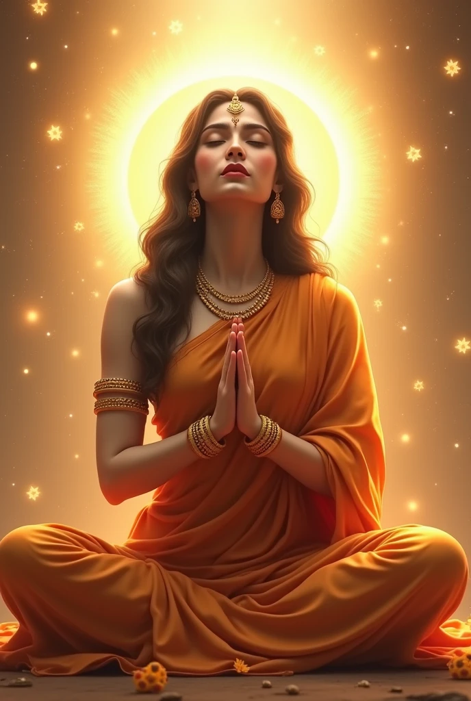 Envision Rukmini Mata in a devotional posture, with folded hands, surrounded by divine light, conveying her immense love and devotion to Lord Krishna."