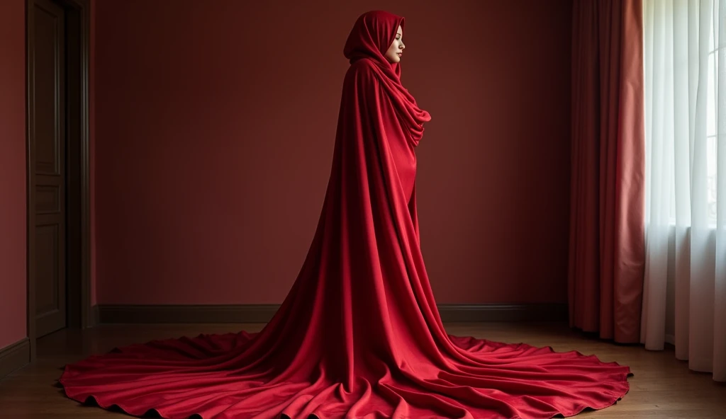 Captivating, elegant woman is engendered in a cascade of four-meter-long, ruby-red, plush satin fabric. The material clings tightly to her figure, spreading out into a pooled train at her feet, mimicking a mermaid's tail. A satin hijab cloaks her head, in bed room, revealing only a hint of her upper body. This full-body portrait radiates a mythical sophistication. Wrapped, eth