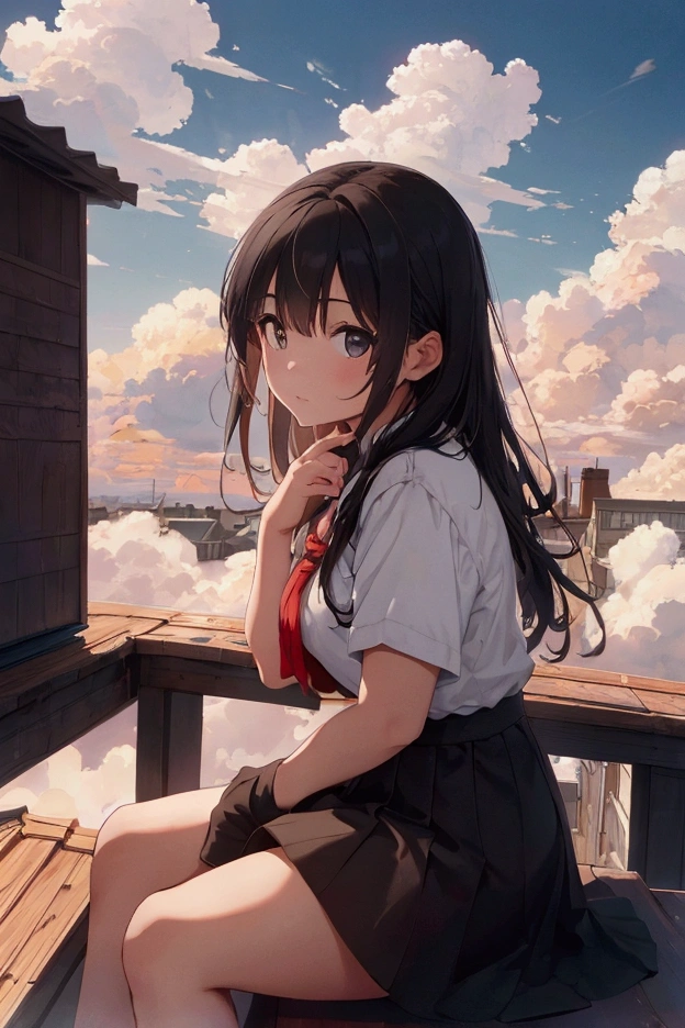 extremely detailed, 8k, highest resolution, (outdoor, on top of a roof, teenage girl, seating on the edge of a roof,(sky golden day, clouds circling a tornado,) (dynamic angle: 1.5, directly below