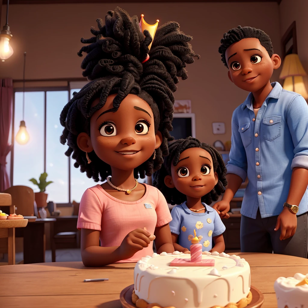 Image of a 5 year old black girl with her parents celebrating her birthday
