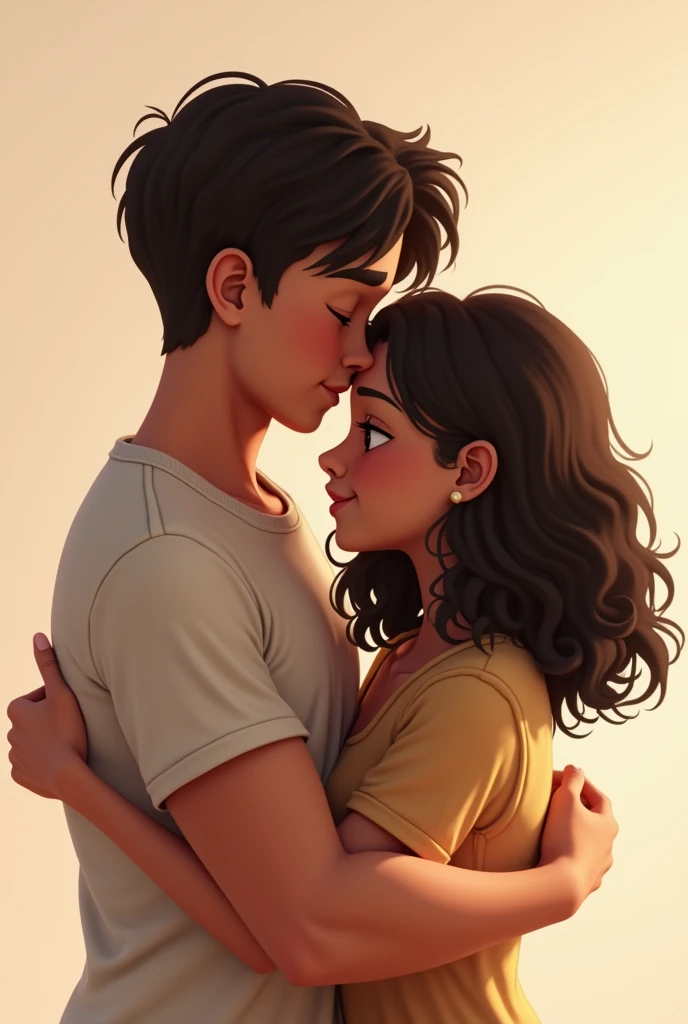 Create an image of a boy and a girl with medium-dark brown skin embracing each other. The boy is taller and more muscular, with wavy hair that isn't very curly. The girl is shorter and slender, with medium-length, tightly curled hair. They are hugging closely in a way that their faces are not visible, emphasizing their embrace from the side or back view."